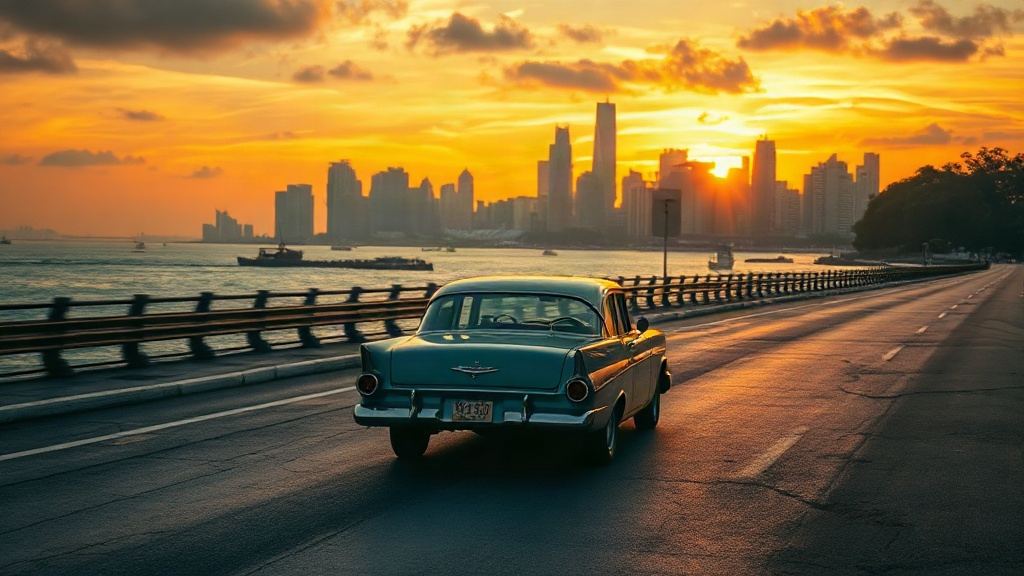 Classic car on a Singapore coastal road at golden hour